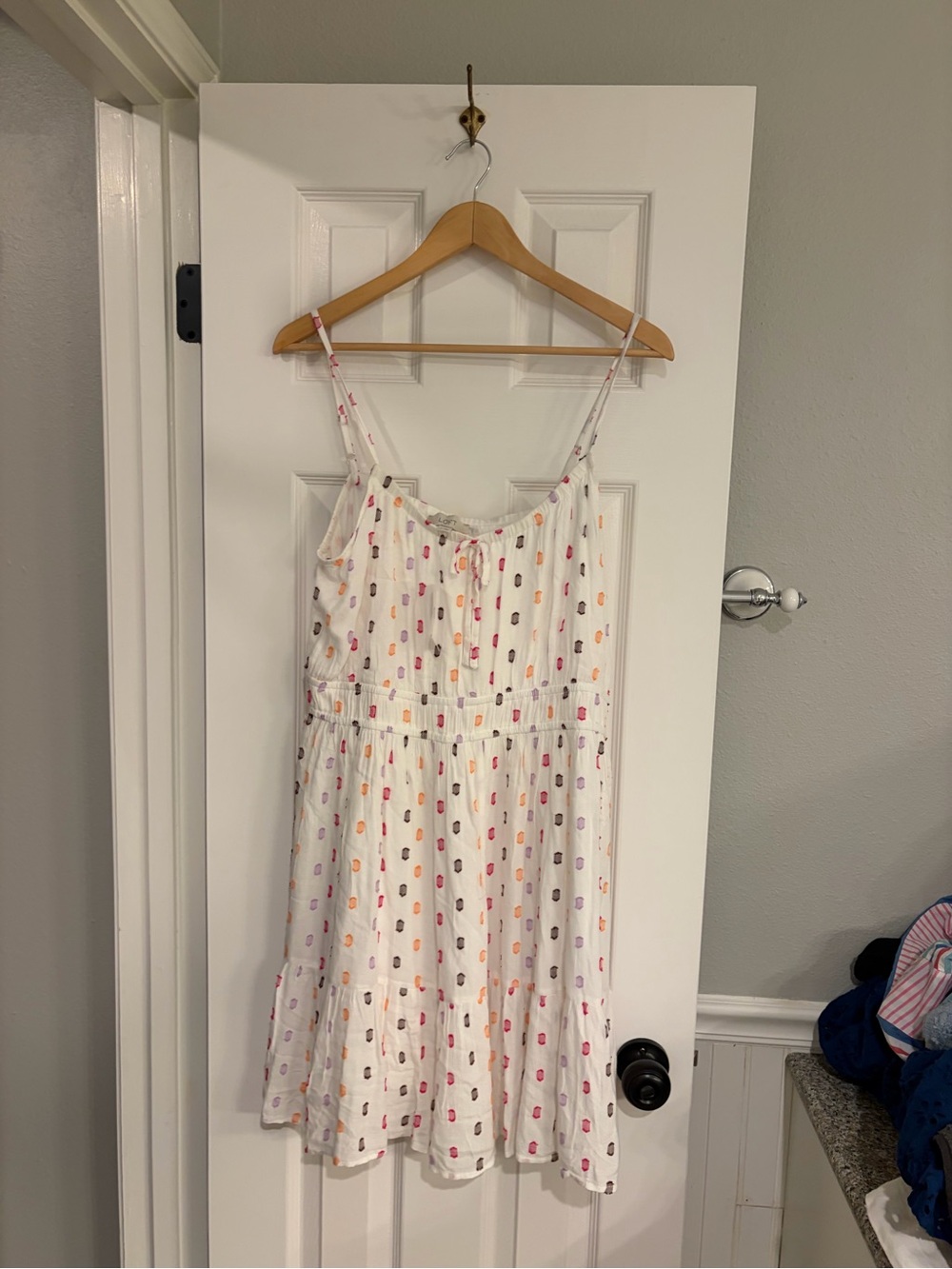 Loft White Clip Dot Tiered Cami Mini Dress Large NWT